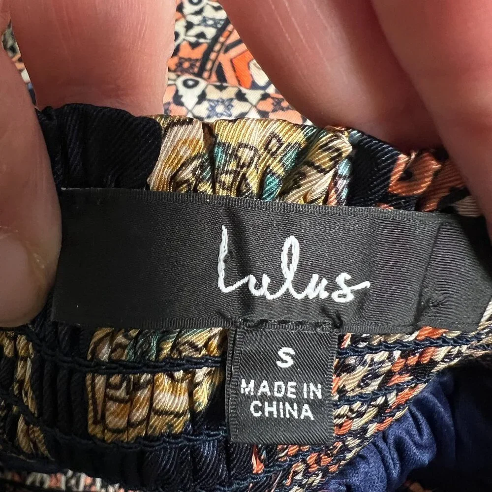 Lulus Trendy Travels Halter Maxi Dress Navy Blue Multi Patchwork Scarf Print S